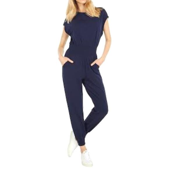 Blue Short Sleeve Crewneck Jumpsuit Womens XL Casual Stretchy Athleisure - Picture 1 of 8